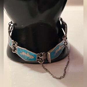 Vintage Sterling Silver Bracelet  Made In SIAM Turquoise Asian Art Thailand RARE